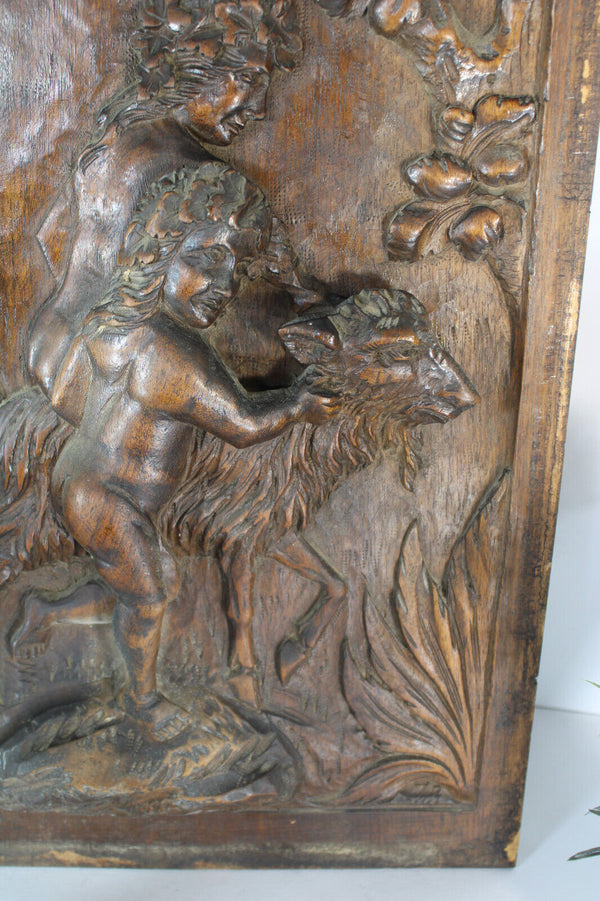 Antique wood carved panel putti cherub goat animal relief decor