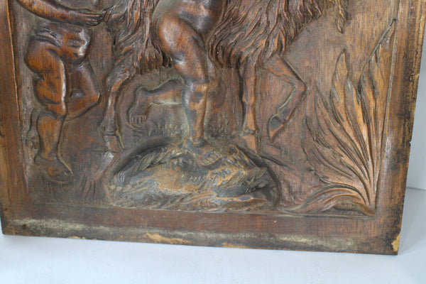 Antique wood carved panel putti cherub goat animal relief decor