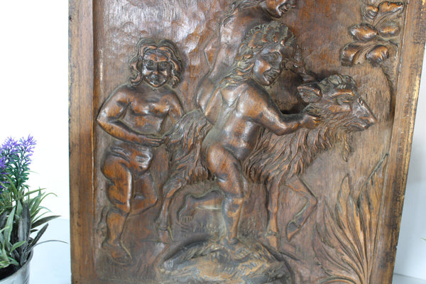Antique wood carved panel putti cherub goat animal relief decor