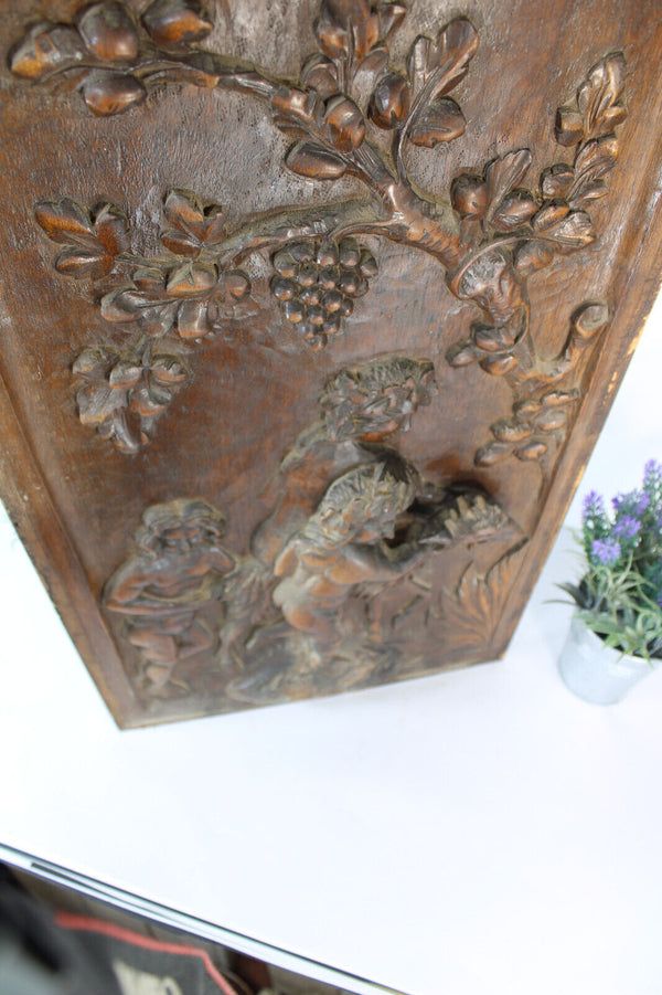 Antique wood carved panel putti cherub goat animal relief decor