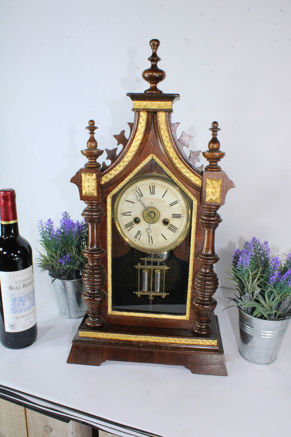 Antique wood carved JUNGHANS mantel table clock 19thc