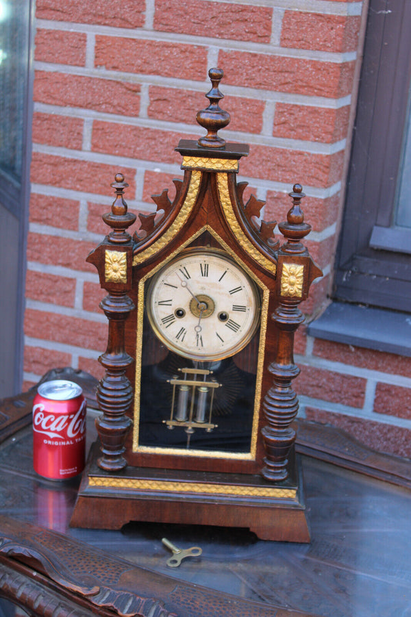 Antique wood carved JUNGHANS mantel table clock 19thc
