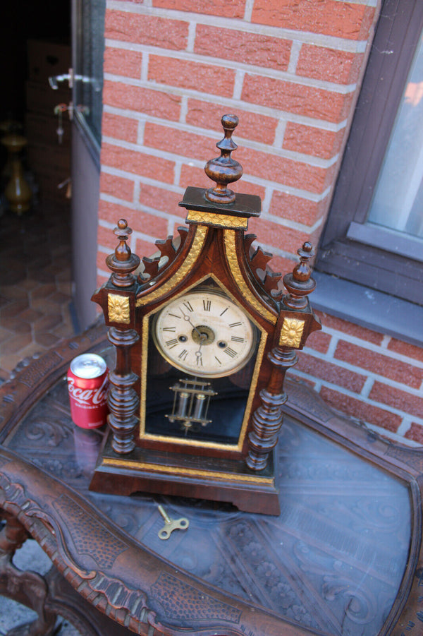 Antique wood carved JUNGHANS mantel table clock 19thc