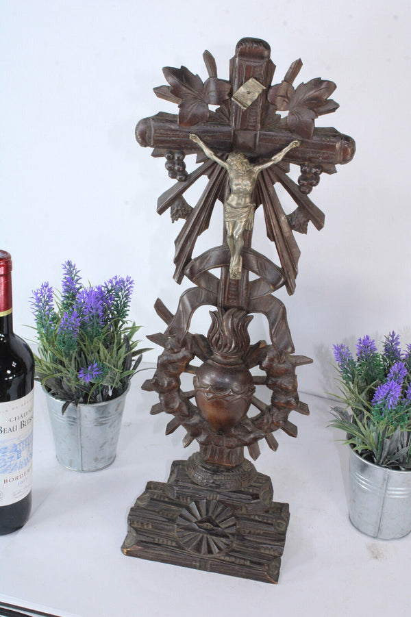 Antique wood carved heart crucifix religious