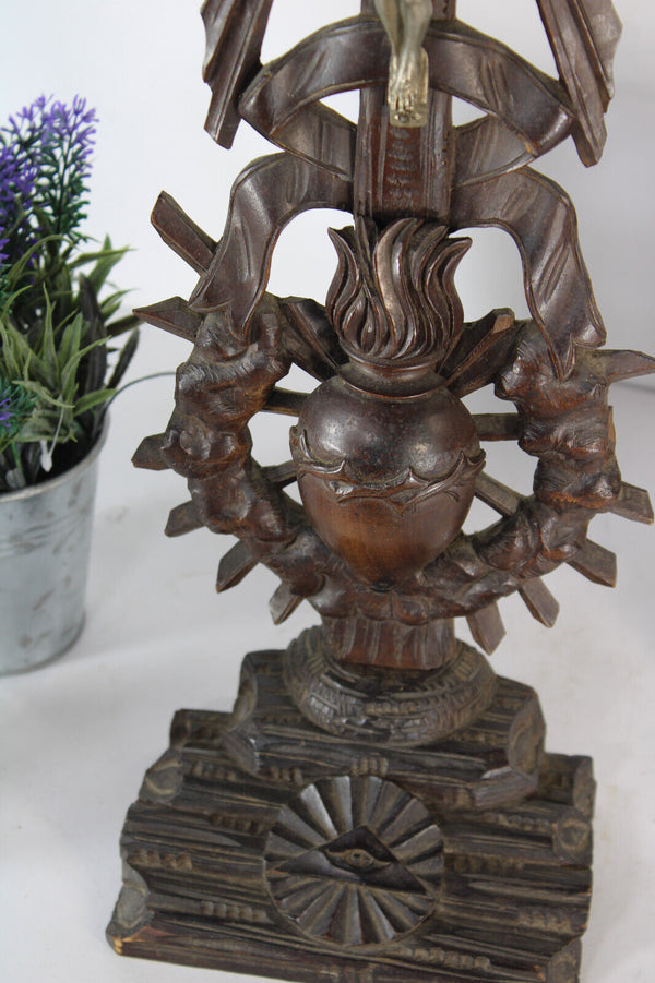 Antique wood carved heart crucifix religious