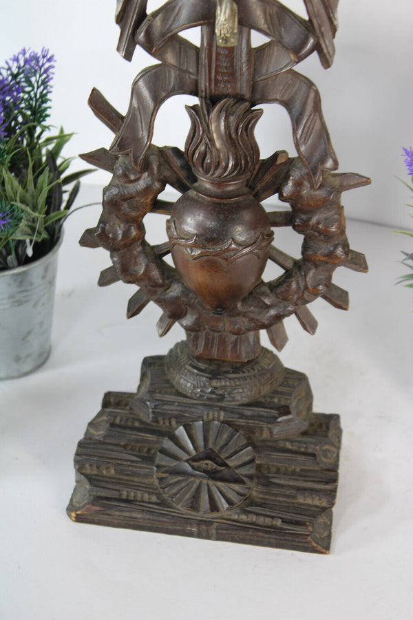 Antique wood carved heart crucifix religious