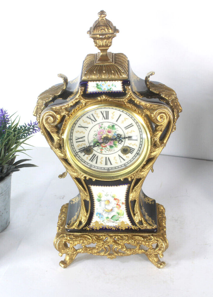 ACF sevres marked cobalt blue porcelain clock satyr heads floral decor