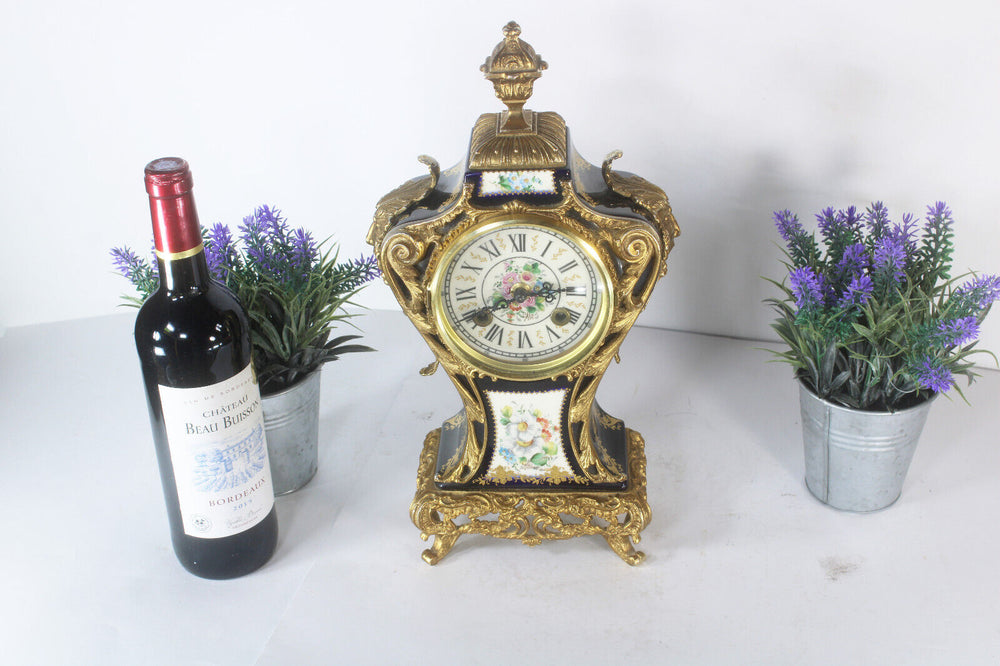 ACF sevres marked cobalt blue porcelain clock satyr heads floral decor