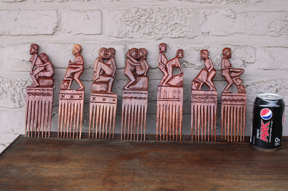 7 African Tanganyika hair comb wood carved erotic kamasutra