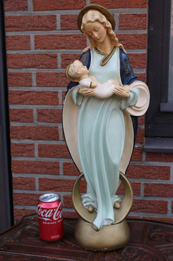 Antique LArge French ceramic chalk madonna child statue religious