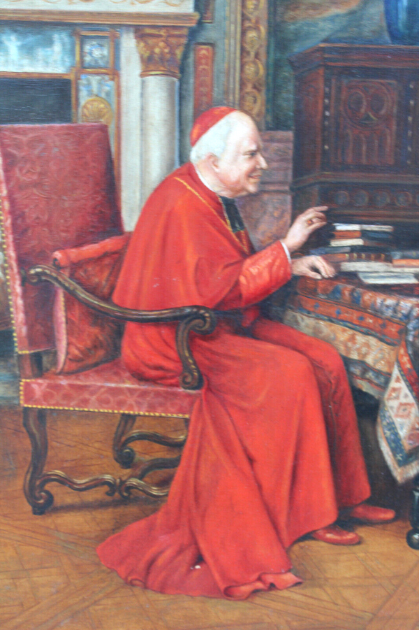 Antique Flanders school oil panel painting bishop playing puppy religious rare