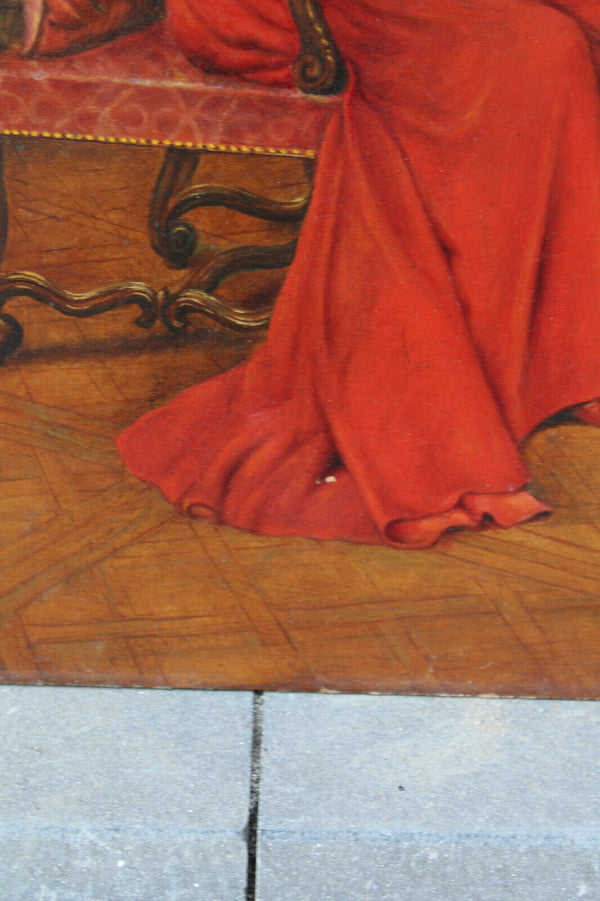 Antique Flanders school oil panel painting bishop playing puppy religious rare