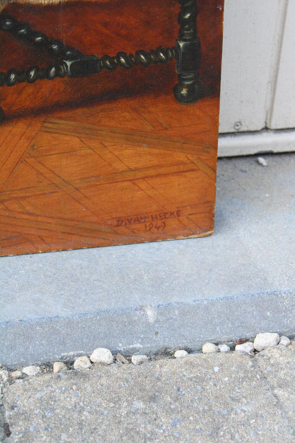 Antique Flanders school oil panel painting bishop playing puppy religious rare