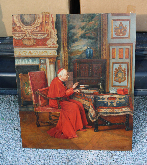 Antique Flanders school oil panel painting bishop playing puppy religious rare