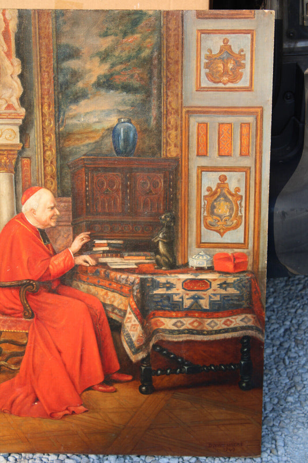 Antique Flanders school oil panel painting bishop playing puppy religious rare