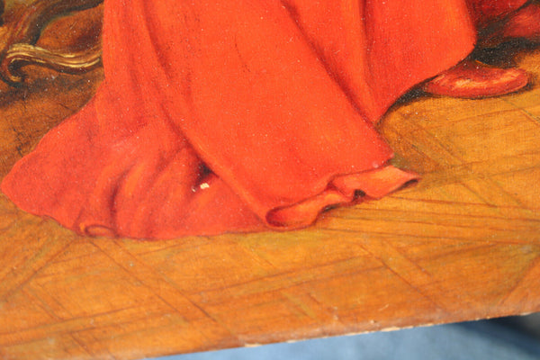 Antique Flanders school oil panel painting bishop playing puppy religious rare