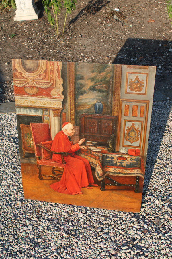 Antique Flanders school oil panel painting bishop playing puppy religious rare