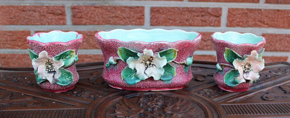 antique barbotine majolica set 3 vases floral decor