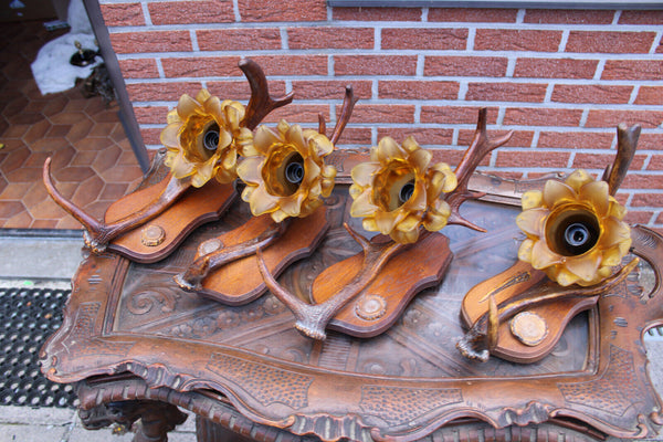 SET 4 hunting cabin theme wall lights sconces amber glass shades 1950s