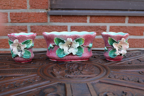 antique barbotine majolica set 3 vases floral decor
