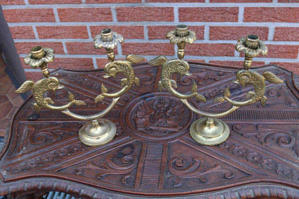 pair bronze dolphin fish candelabras candle holders 1950