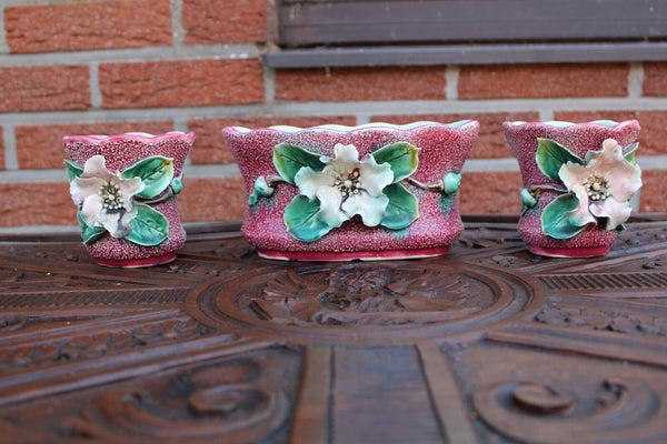antique barbotine majolica set 3 vases floral decor