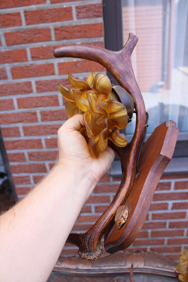 SET 4 hunting cabin theme wall lights sconces amber glass shades 1950s