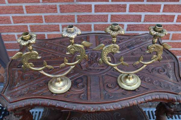pair bronze dolphin fish candelabras candle holders 1950