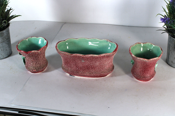 antique barbotine majolica set 3 vases floral decor
