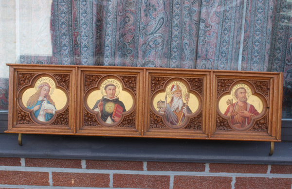 Antique rare neo gothic church wood carved panel painting saints portrait