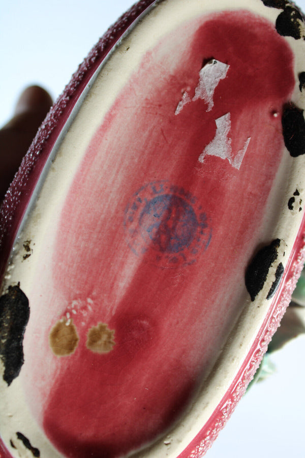 antique barbotine majolica set 3 vases floral decor