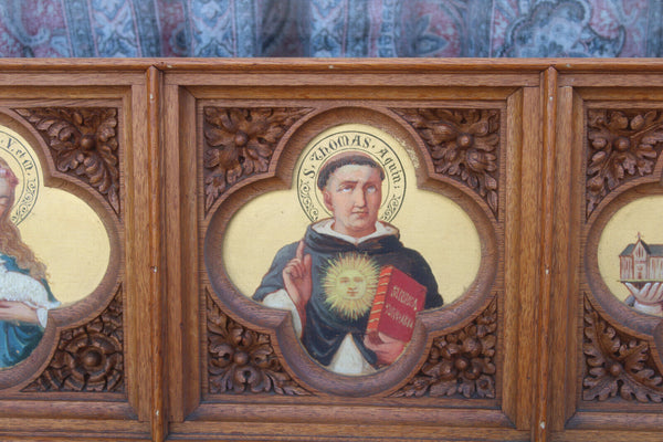 Antique rare neo gothic church wood carved panel painting saints portrait
