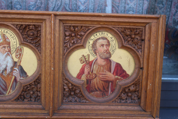 Antique rare neo gothic church wood carved panel painting saints portrait