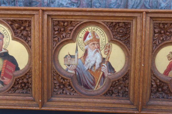Antique rare neo gothic church wood carved panel painting saints portrait