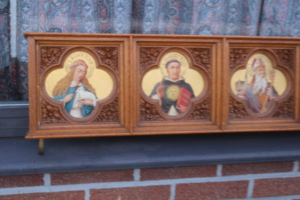 Antique rare neo gothic church wood carved panel painting saints portrait