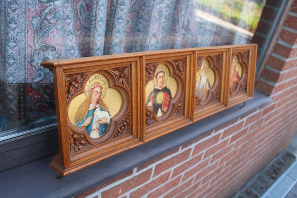 Antique rare neo gothic church wood carved panel painting saints portrait