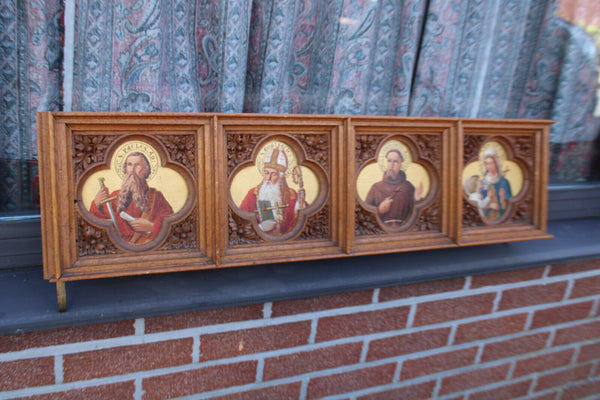 Antique rare neo gothic church wood carved panel painting saints portrait