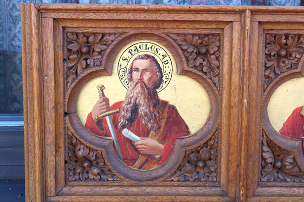 Antique rare neo gothic church wood carved panel painting saints portrait