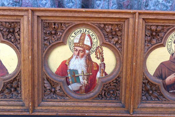 Antique rare neo gothic church wood carved panel painting saints portrait