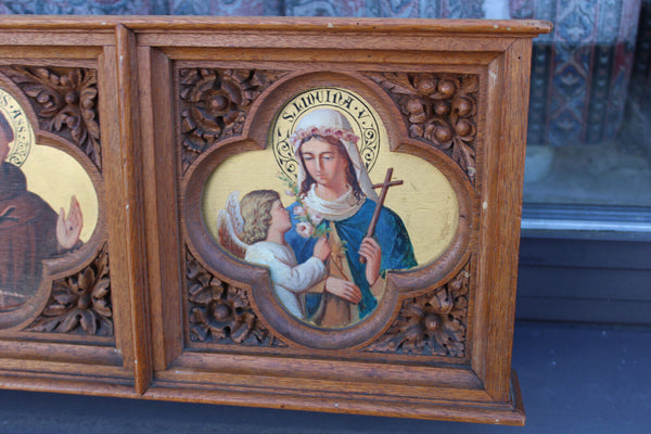 Antique rare neo gothic church wood carved panel painting saints portrait