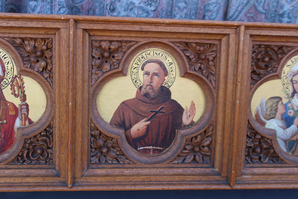 Antique rare neo gothic church wood carved panel painting saints portrait