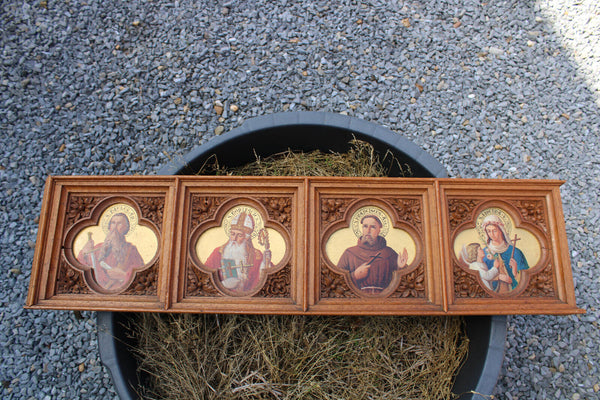 Antique rare neo gothic church wood carved panel painting saints portrait
