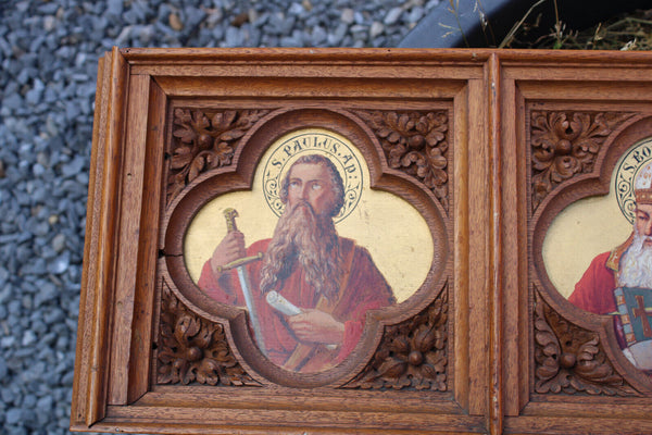 Antique rare neo gothic church wood carved panel painting saints portrait