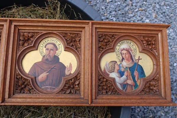 Antique rare neo gothic church wood carved panel painting saints portrait