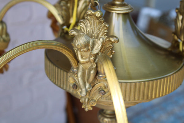 French brass Putti cherub angel 6 arms chandelier amber colour glass