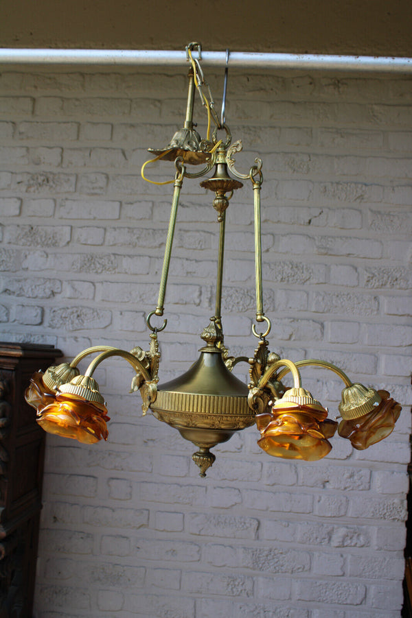 French brass Putti cherub angel 6 arms chandelier amber colour glass