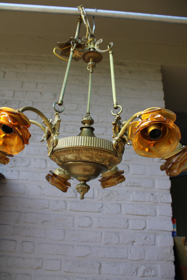 French brass Putti cherub angel 6 arms chandelier amber colour glass