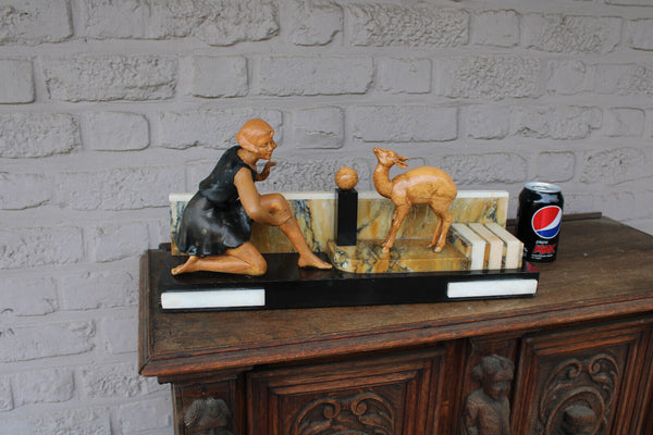 Antique art deco spelter metal marble base lady deer animal sculpture statue