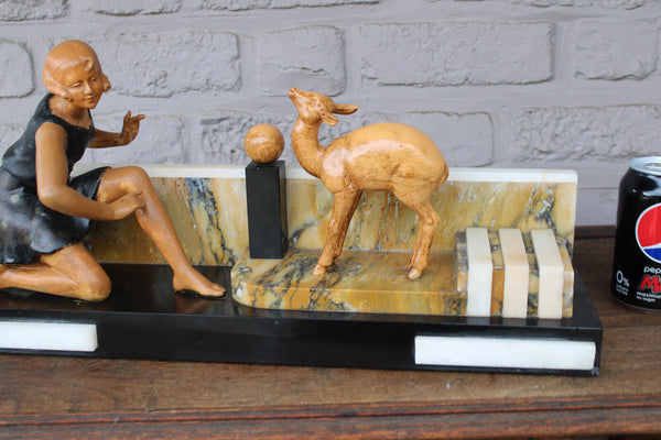 Antique art deco spelter metal marble base lady deer animal sculpture statue