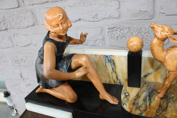 Antique art deco spelter metal marble base lady deer animal sculpture statue